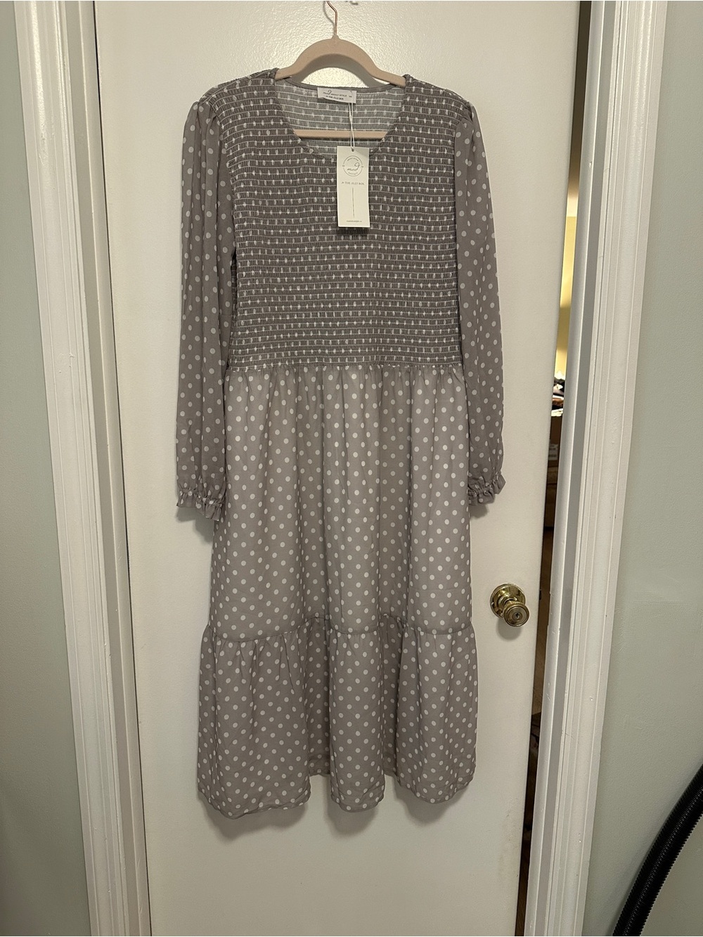 Smocked Polka Dot Long Sleeve Midi Dress - Grey - Madaboutstyle x Jilly Box